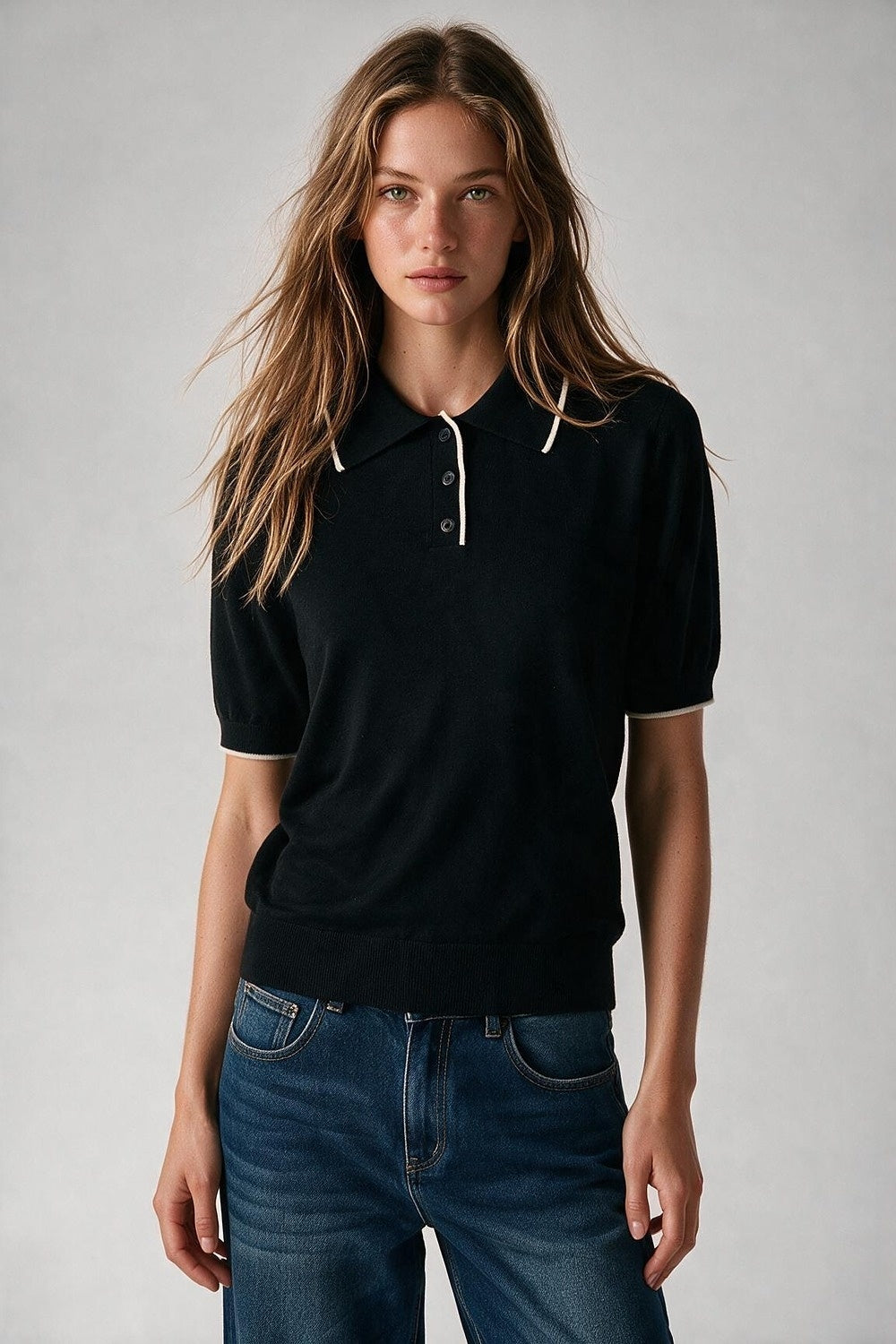 black Fine Knit Contrast Trim sweater with Polo Collar - Polos