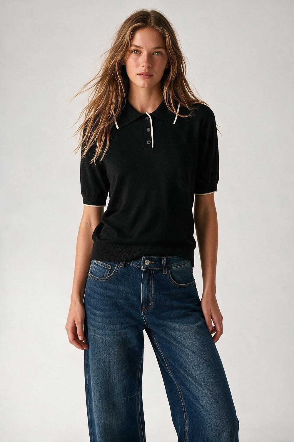 black Fine Knit Contrast Trim sweater with Polo Collar - Polos