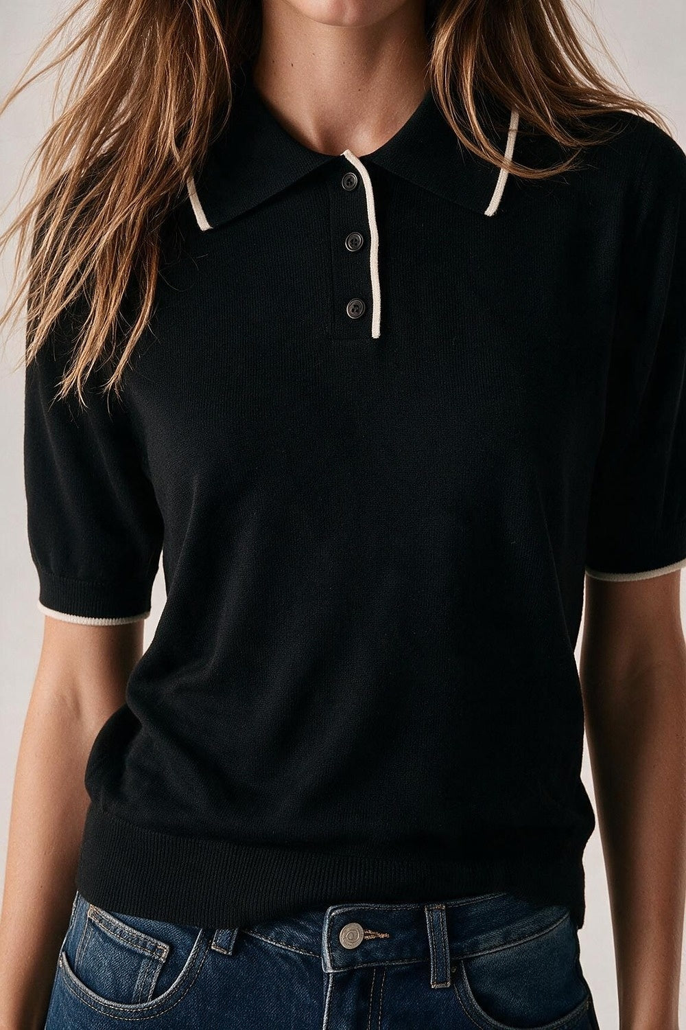 black Fine Knit Contrast Trim sweater with Polo Collar - Polos