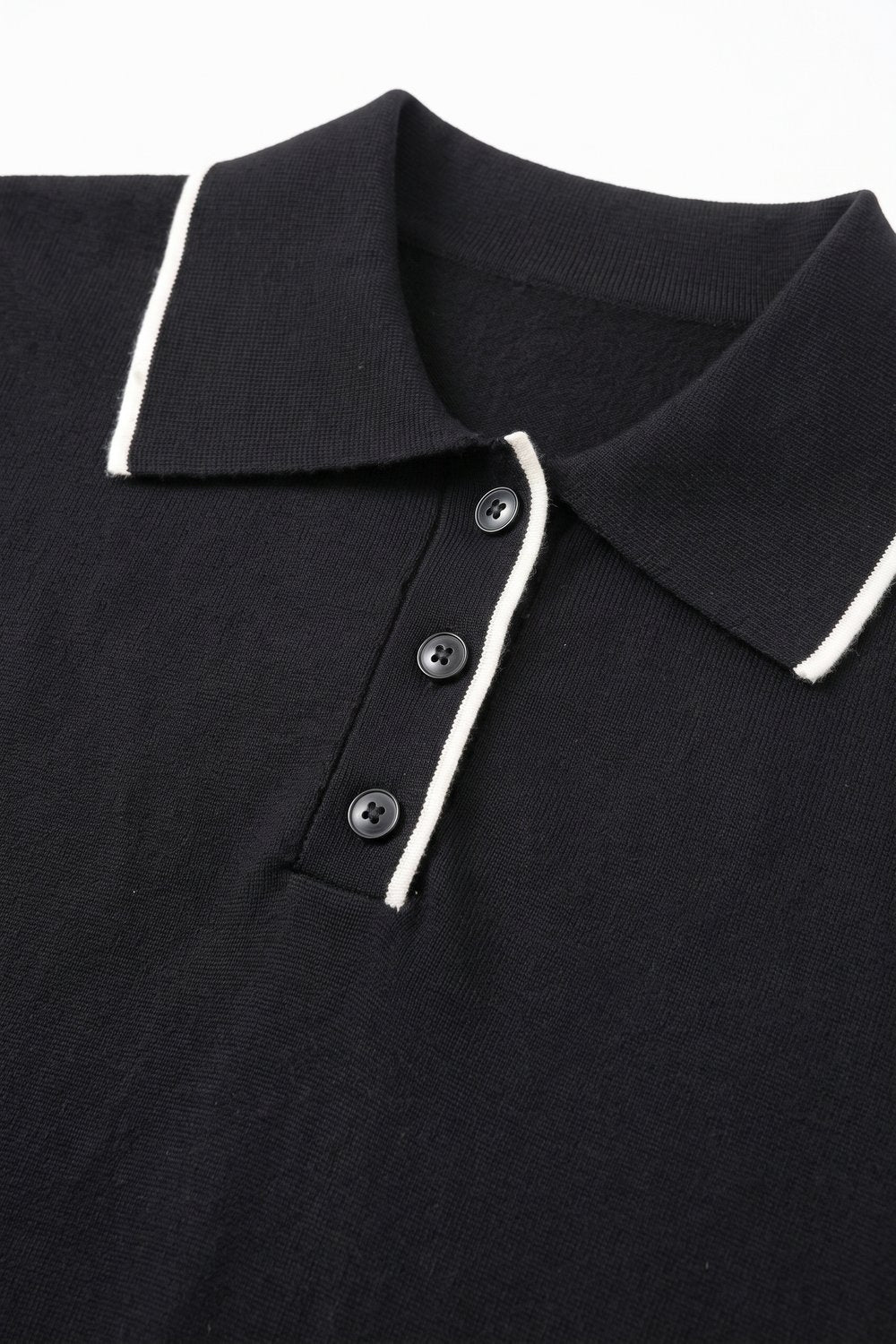 black Fine Knit Contrast Trim sweater with Polo Collar - Polos