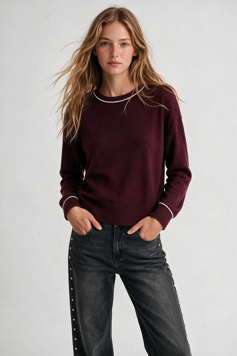 Burgundy warm Knit Contrast Trim Cropped Crew Neck Sweater - Jumpers