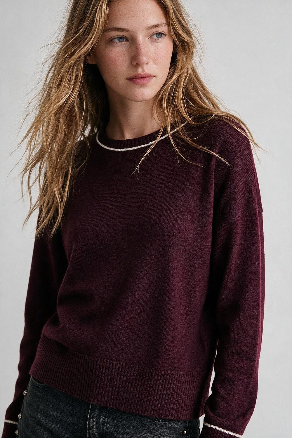 Burgundy warm Knit Contrast Trim Cropped Crew Neck Sweater - Jumpers