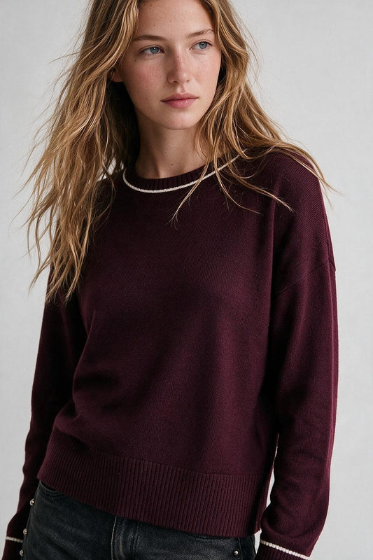 Burgundy warm Knit Contrast Trim Cropped Crew Neck Sweater - Jumpers