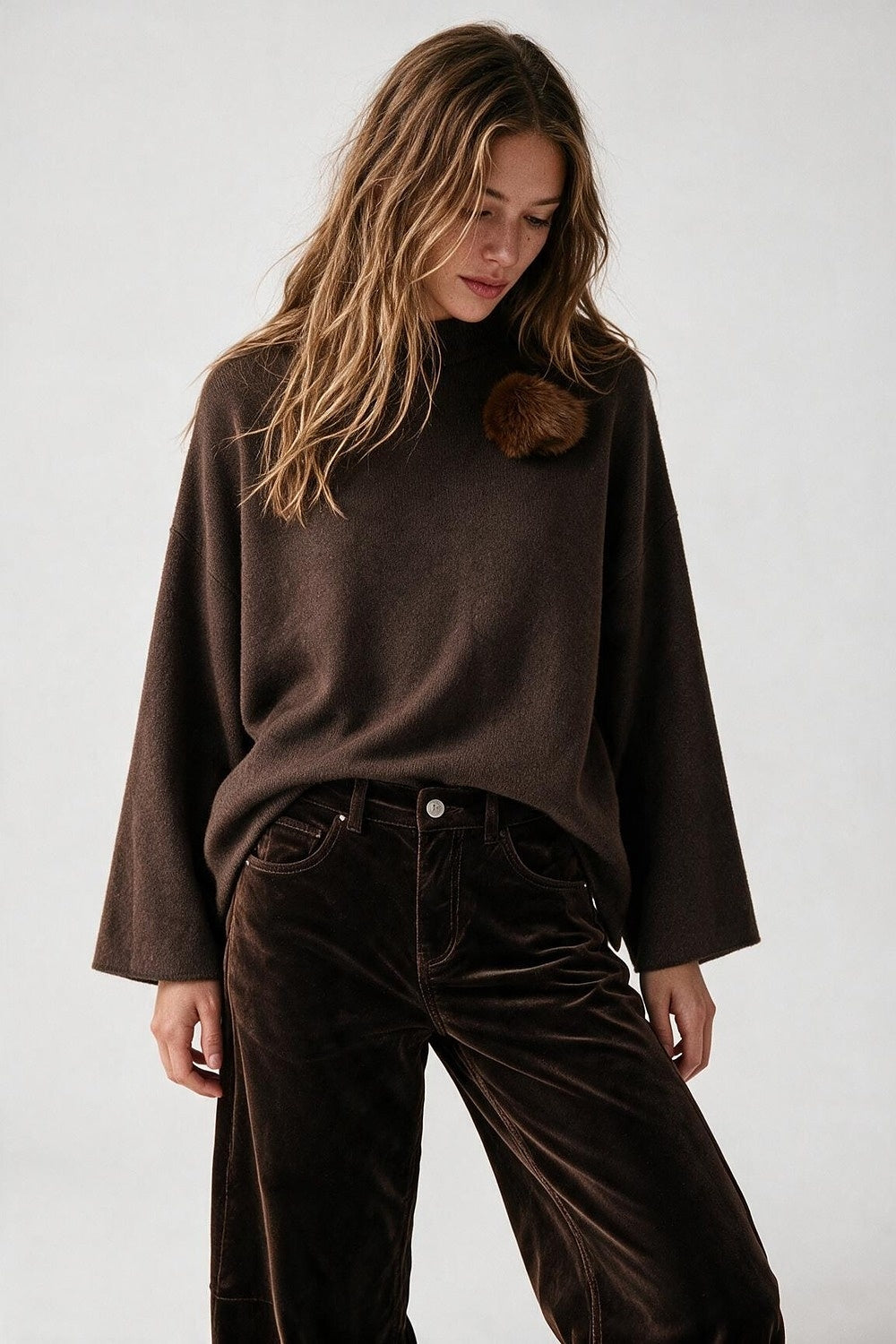 Brown chunky Knit Pom-Pom Detail Relaxed Fit Sweater - Jumpers