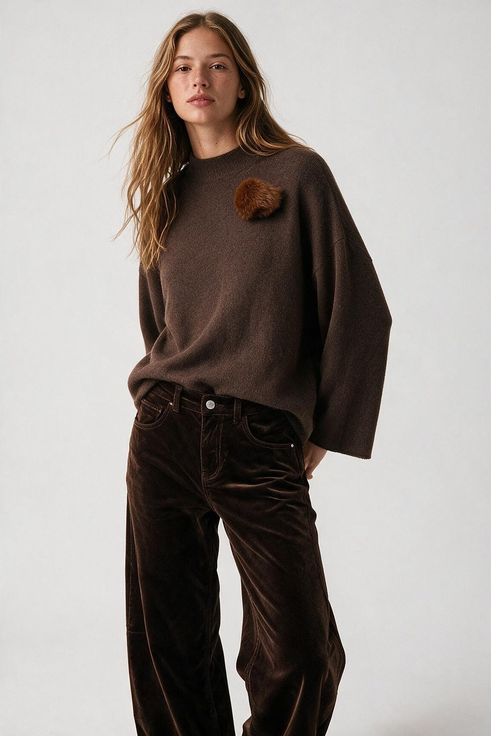 Brown chunky Knit Pom-Pom Detail Relaxed Fit Sweater - Jumpers