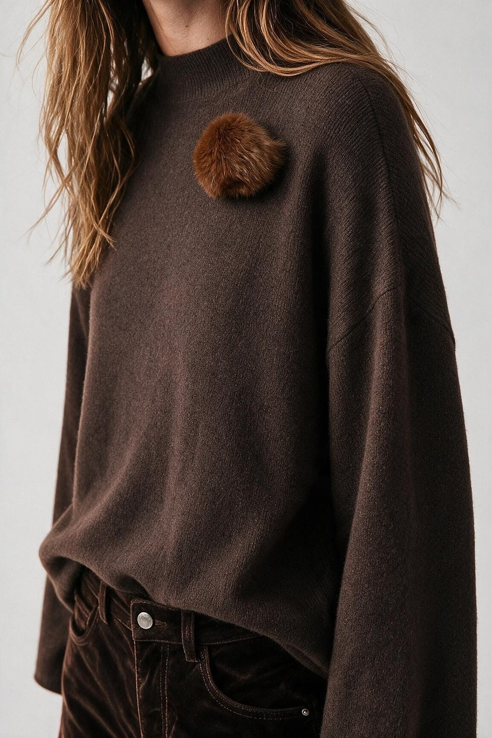 Brown chunky Knit Pom-Pom Detail Relaxed Fit Sweater - Jumpers