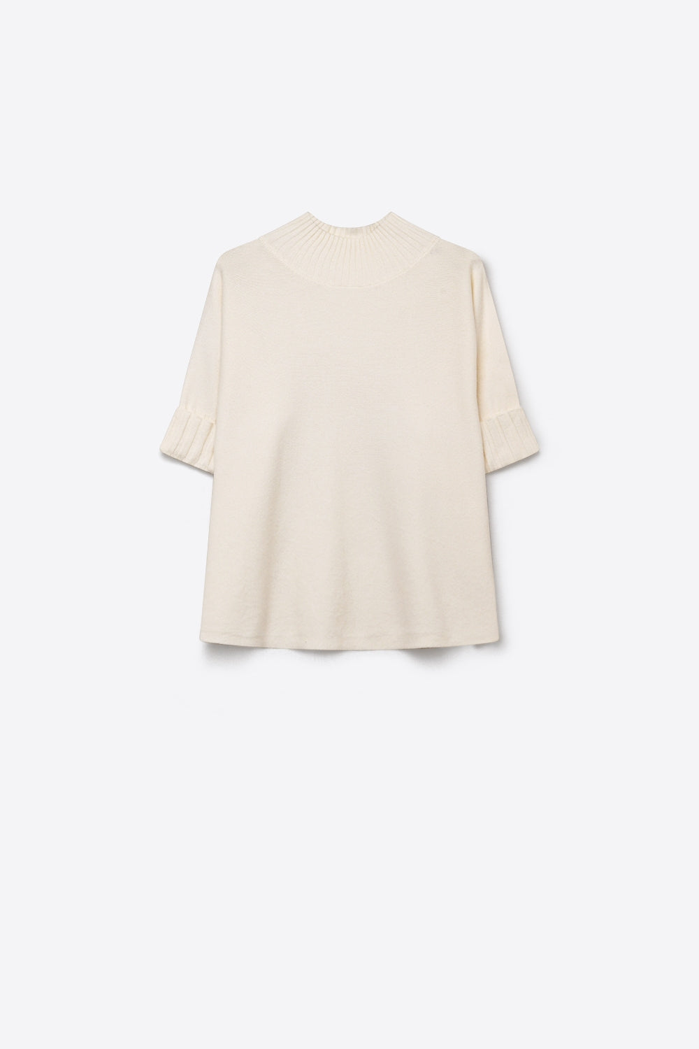 Cream chunky Ribbed Knit high Neck Sweater with elbow-length sleeve - Jumpers