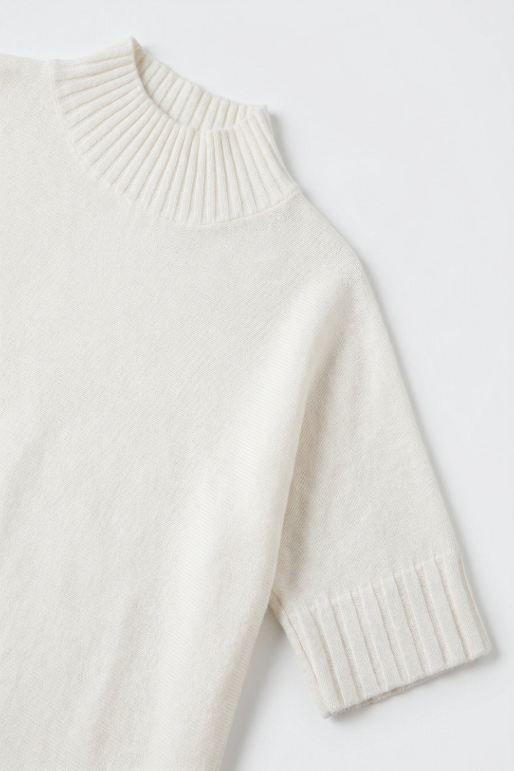 Cream chunky Ribbed Knit high Neck Sweater with elbow-length sleeve - Jumpers