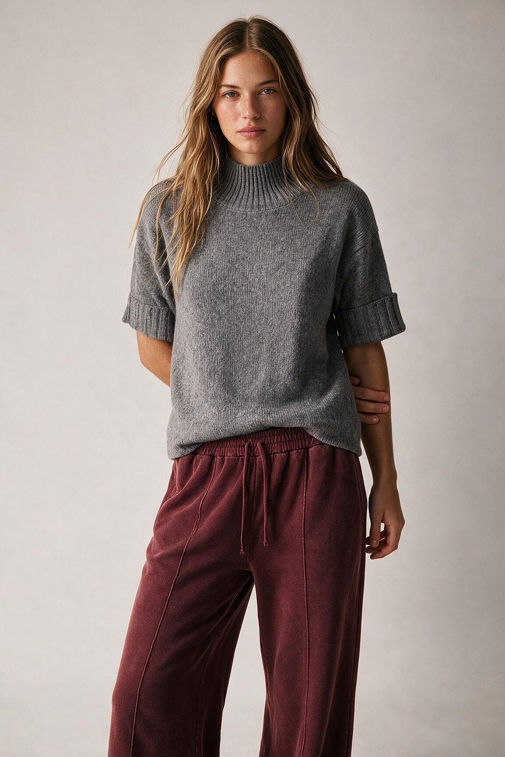 Grey chunky Ribbed knit Mock neck Sweater with elbow-length sleeve - Jumpers