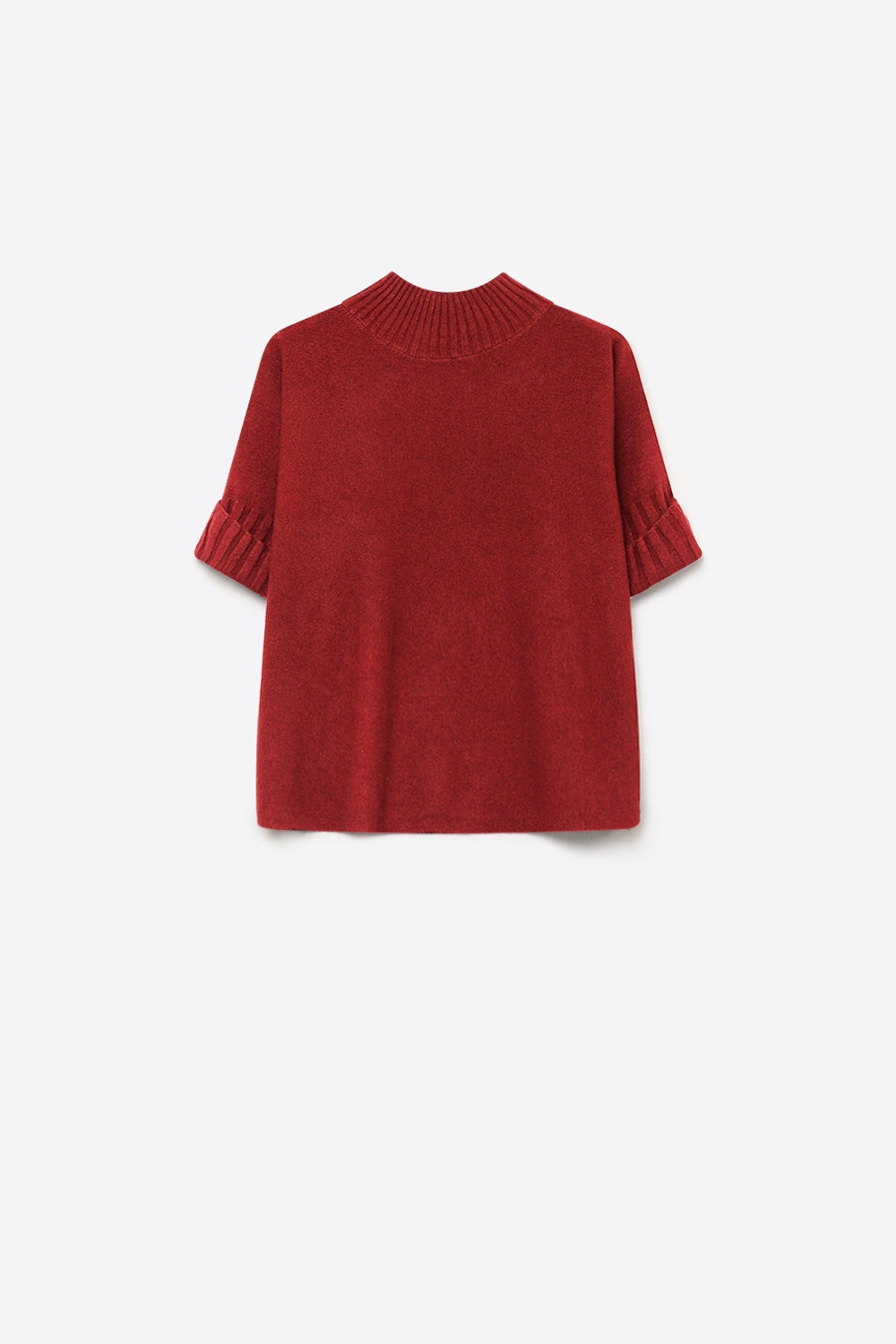 Burgundy chunky Ribbed knit High Collar Sweater with elbow-length sleeve - Jumpers