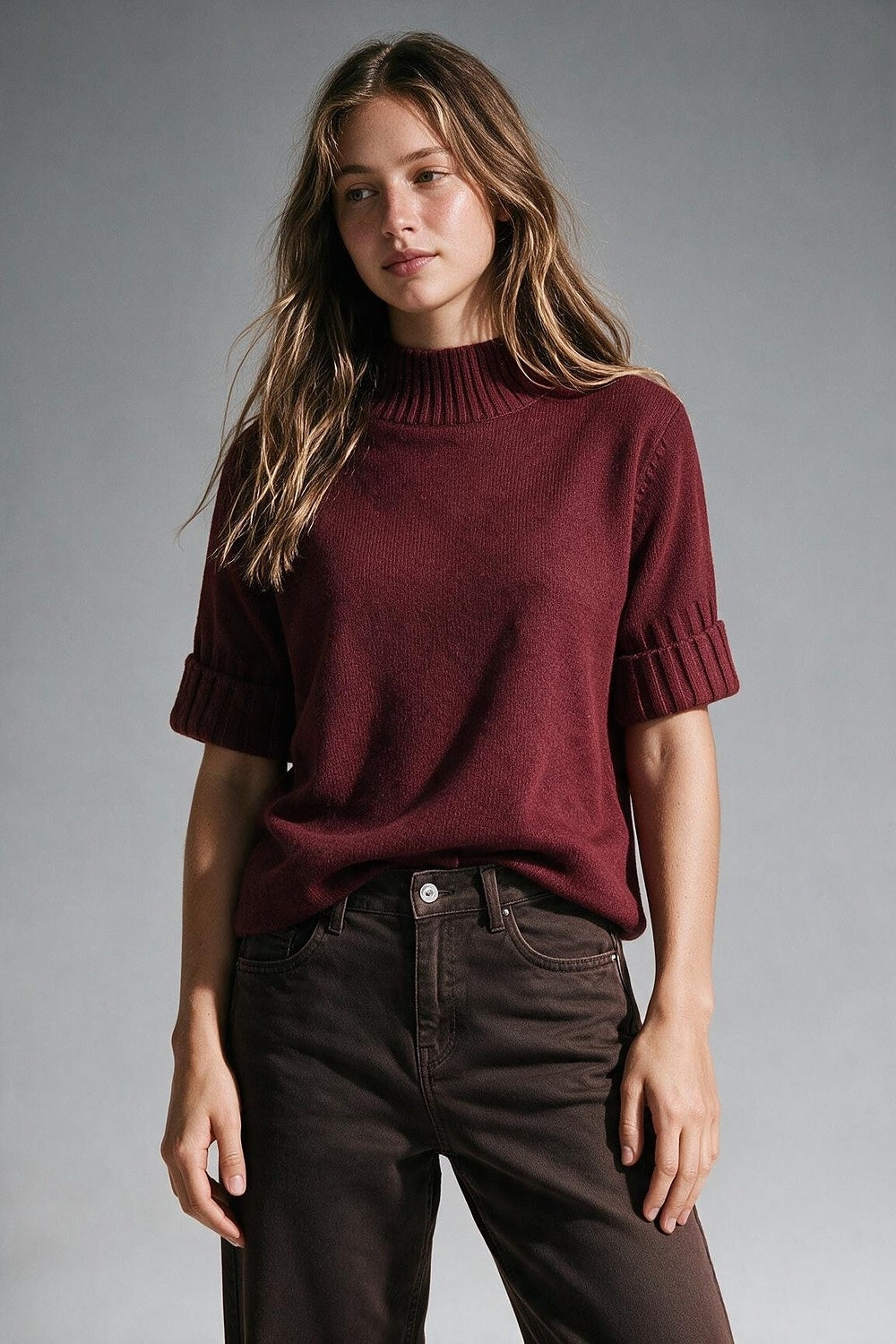 Burgundy chunky Ribbed knit High Collar Sweater with elbow-length sleeve - Jumpers