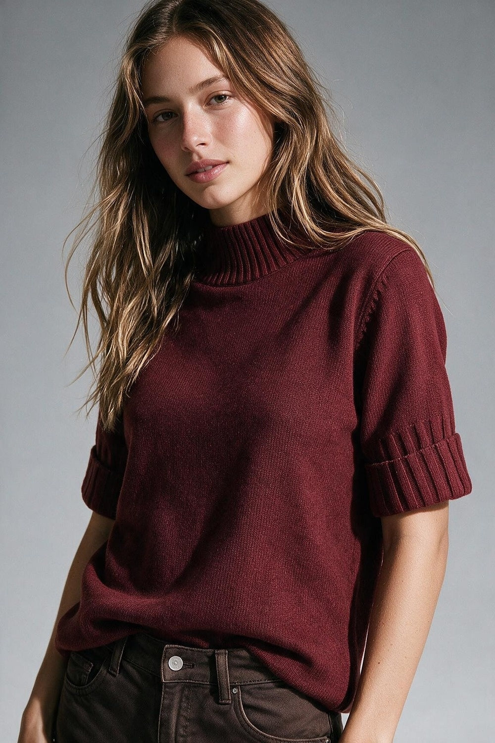 Burgundy chunky Ribbed knit High Collar Sweater with elbow-length sleeve - Jumpers
