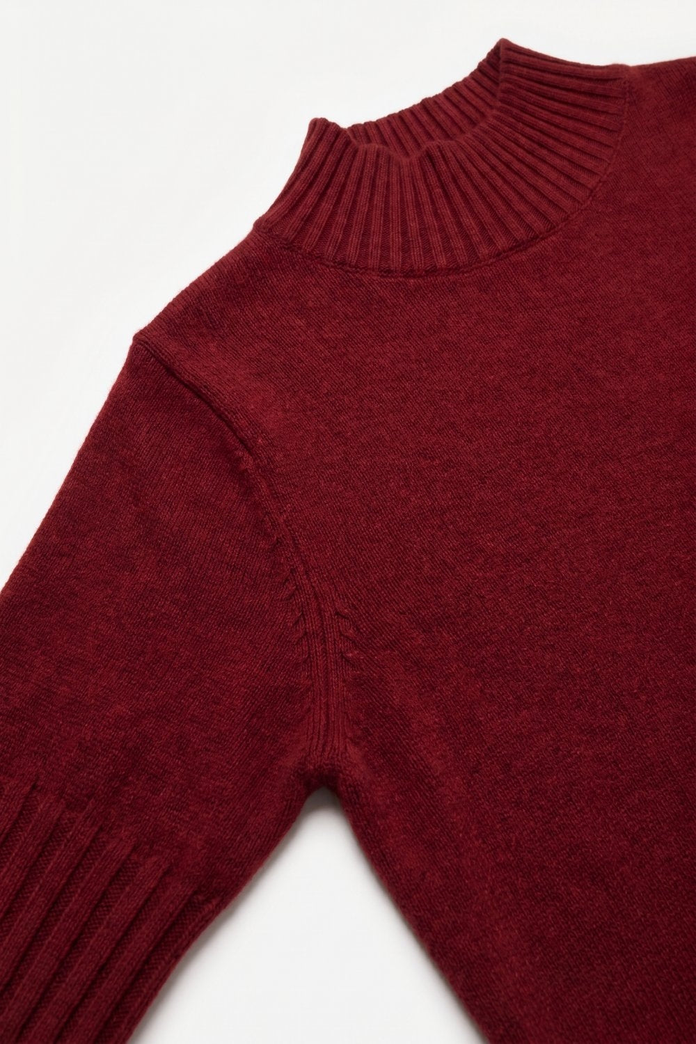 Burgundy chunky Ribbed knit High Collar Sweater with elbow-length sleeve - Jumpers