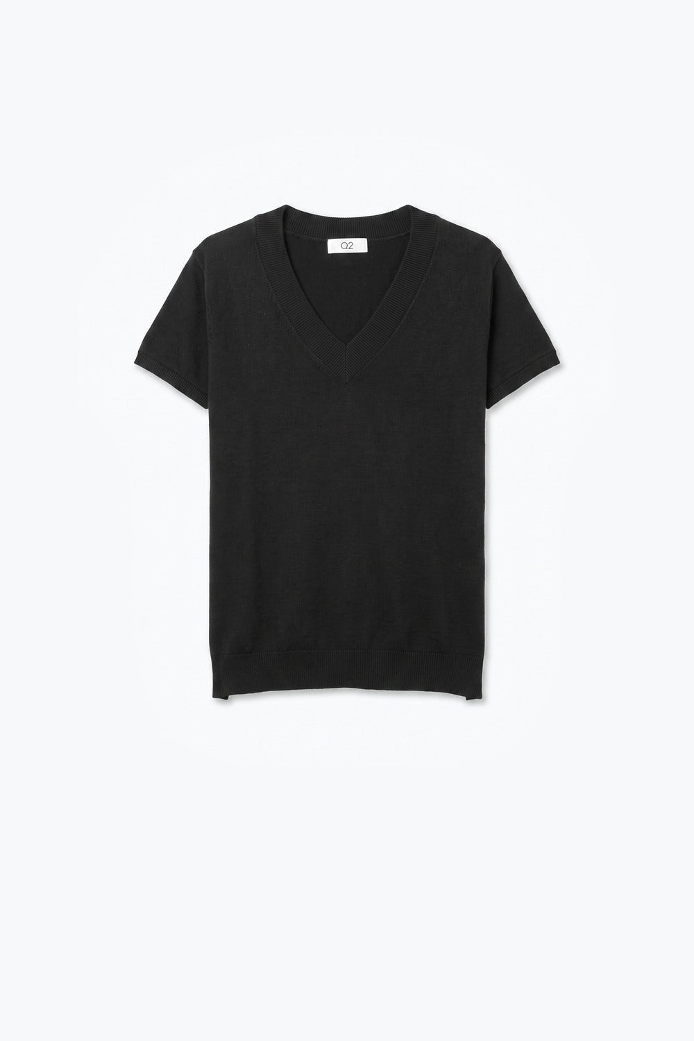 Black Fine-Knit V-Neck Sweater with Short Dolman Drop-Shoulder Sleeves - Tops