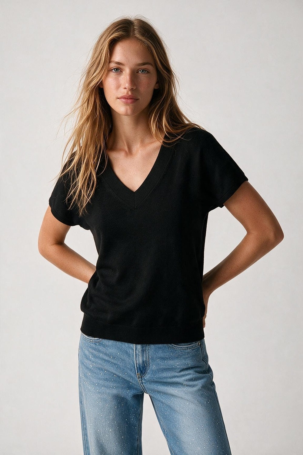Black Fine-Knit V-Neck Sweater with Short Dolman Drop-Shoulder Sleeves - Tops