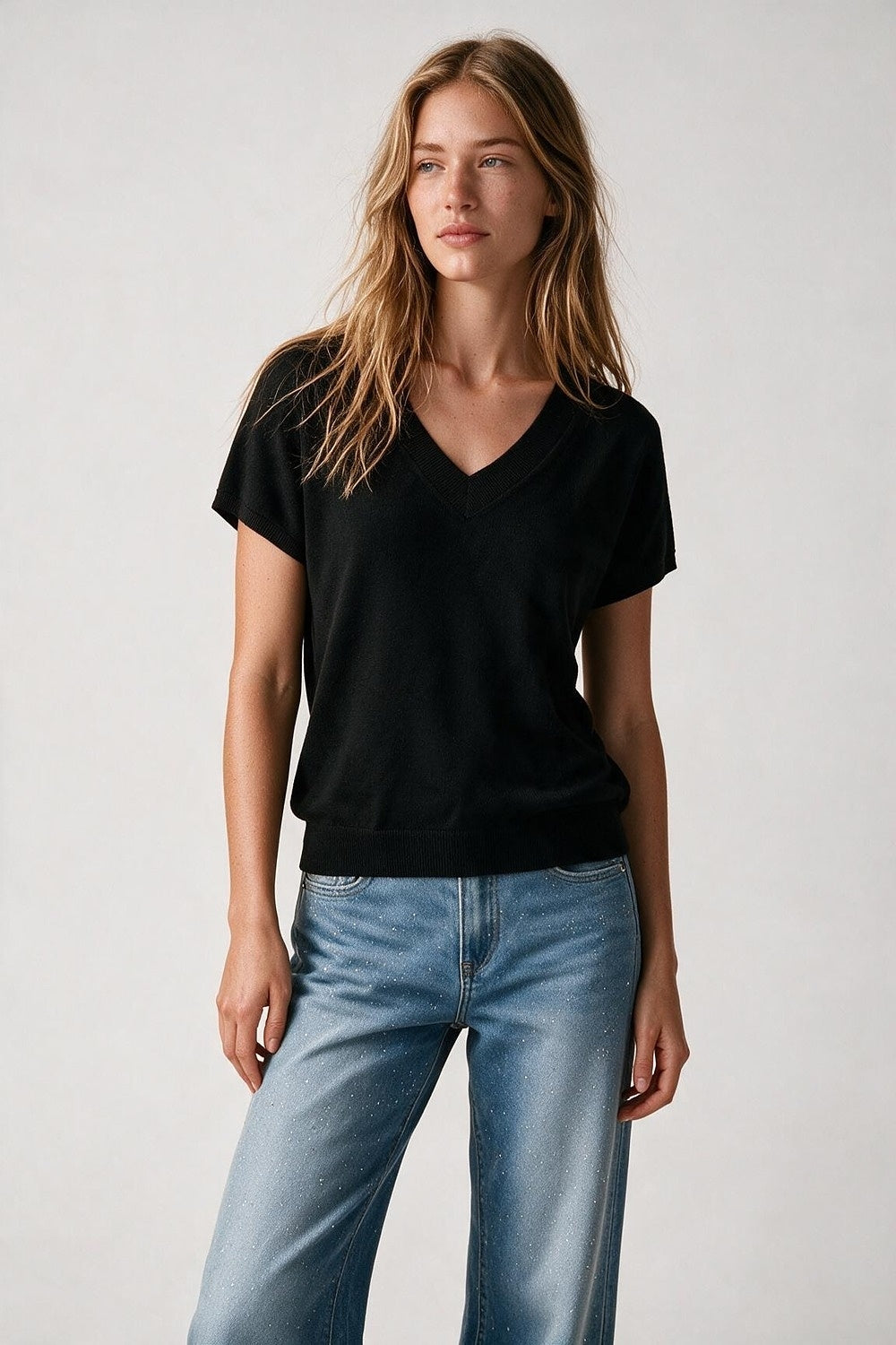 Black Fine-Knit V-Neck Sweater with Short Dolman Drop-Shoulder Sleeves - Tops