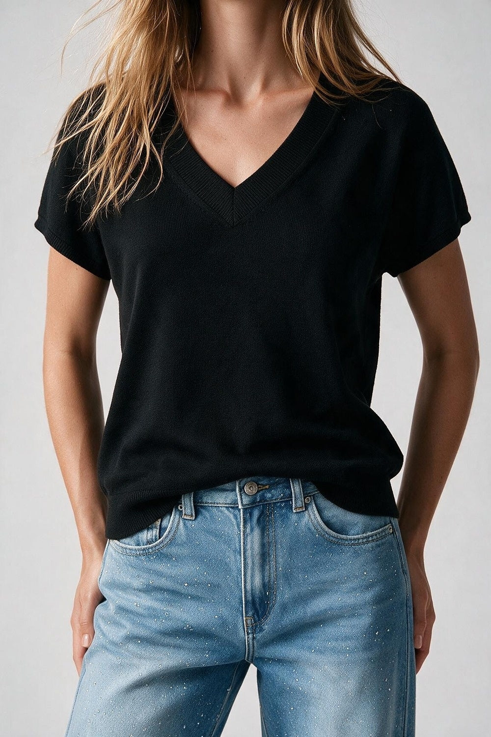 Black Fine-Knit V-Neck Sweater with Short Dolman Drop-Shoulder Sleeves - Tops