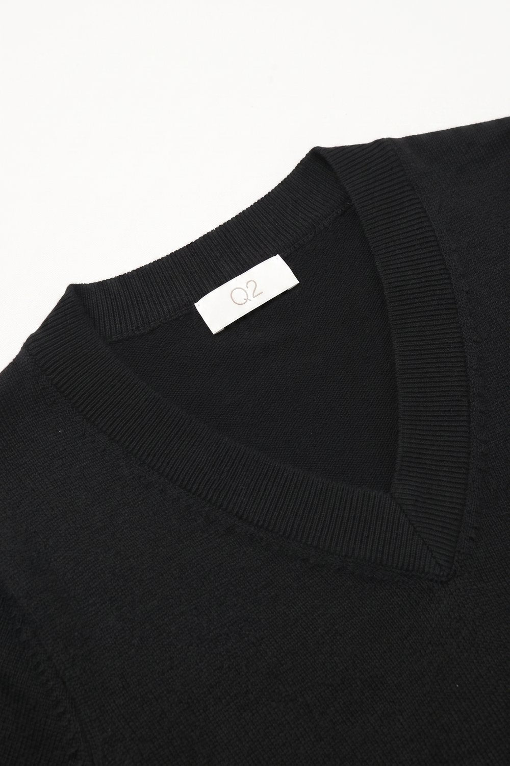 Black Fine-Knit V-Neck Sweater with Short Dolman Drop-Shoulder Sleeves - Tops