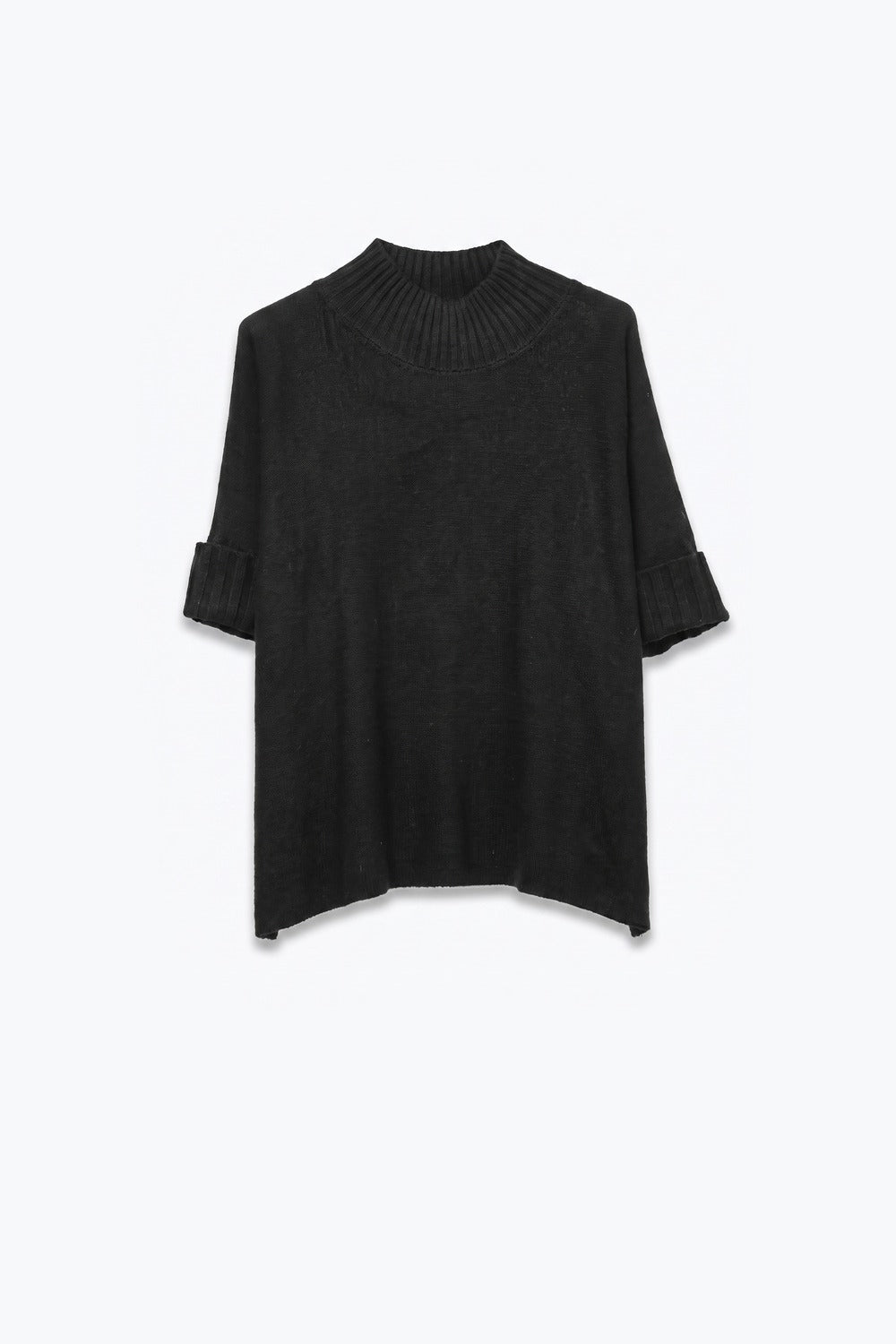 Black warm Ribbed Knit High Collar Relaxed Fit Sweater with elbow-length sleeve - Jumpers