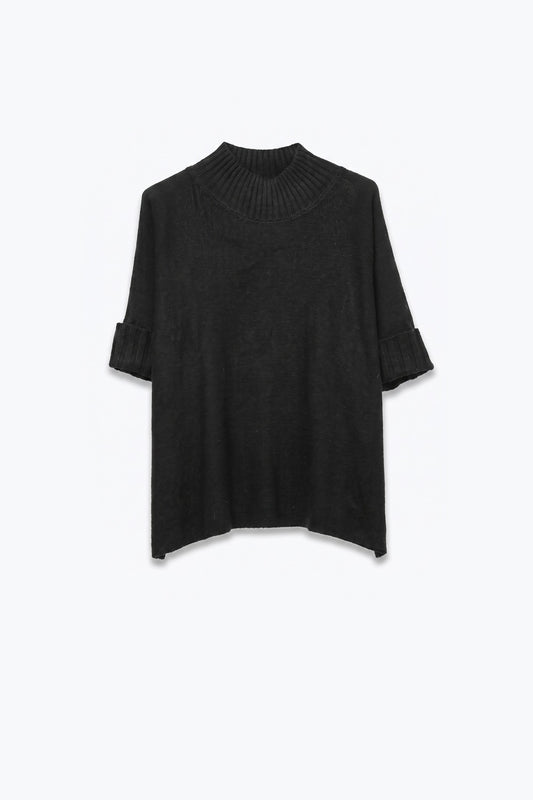 Black warm Ribbed Knit High Collar Relaxed Fit Sweater with elbow-length sleeve - Jumpers