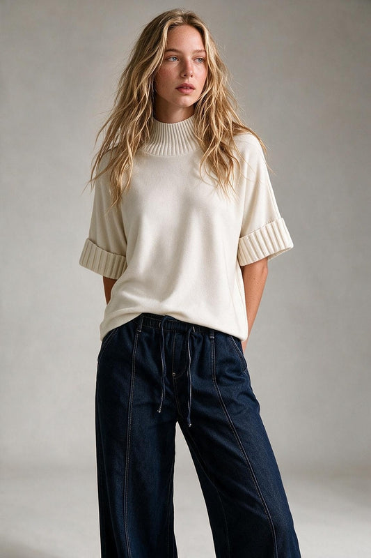 Cream chunky Ribbed Knit high Neck Sweater with elbow-length sleeve - Jumpers