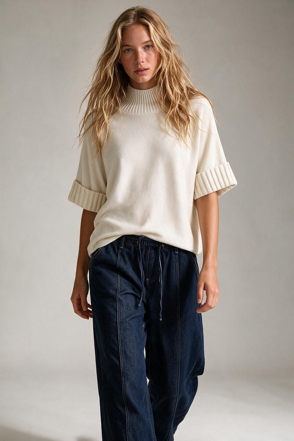 Cream chunky Ribbed Knit high Neck Sweater with elbow-length sleeve - Jumpers