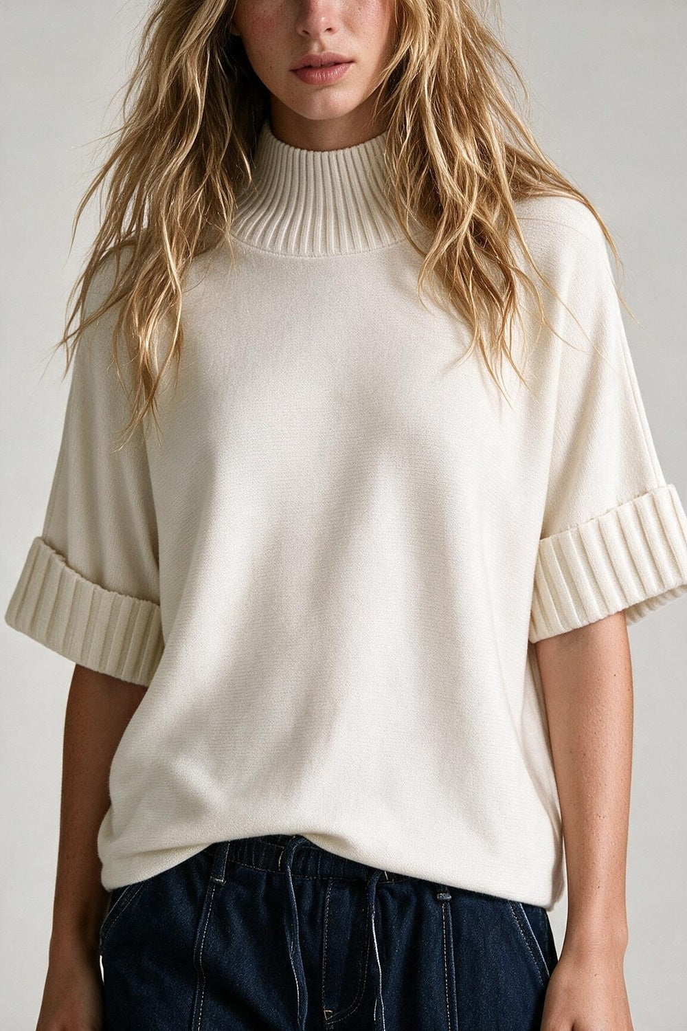 Cream chunky Ribbed Knit high Neck Sweater with elbow-length sleeve - Jumpers