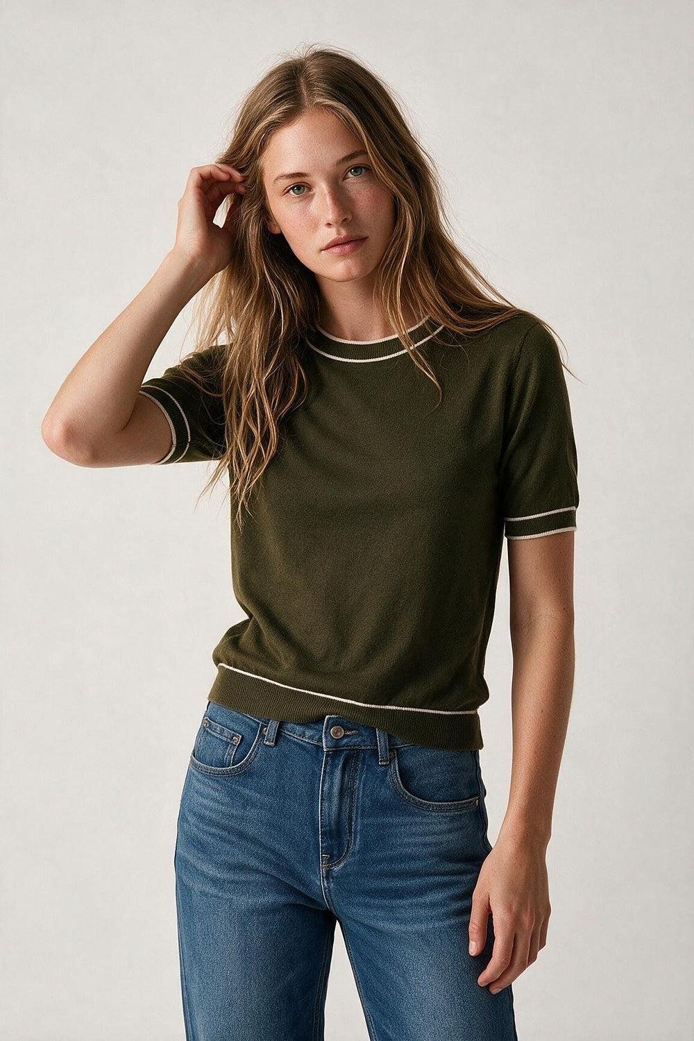 Olive Fine Knit Contrast Trim Crew Neck Short Sleeve sweater - Tops