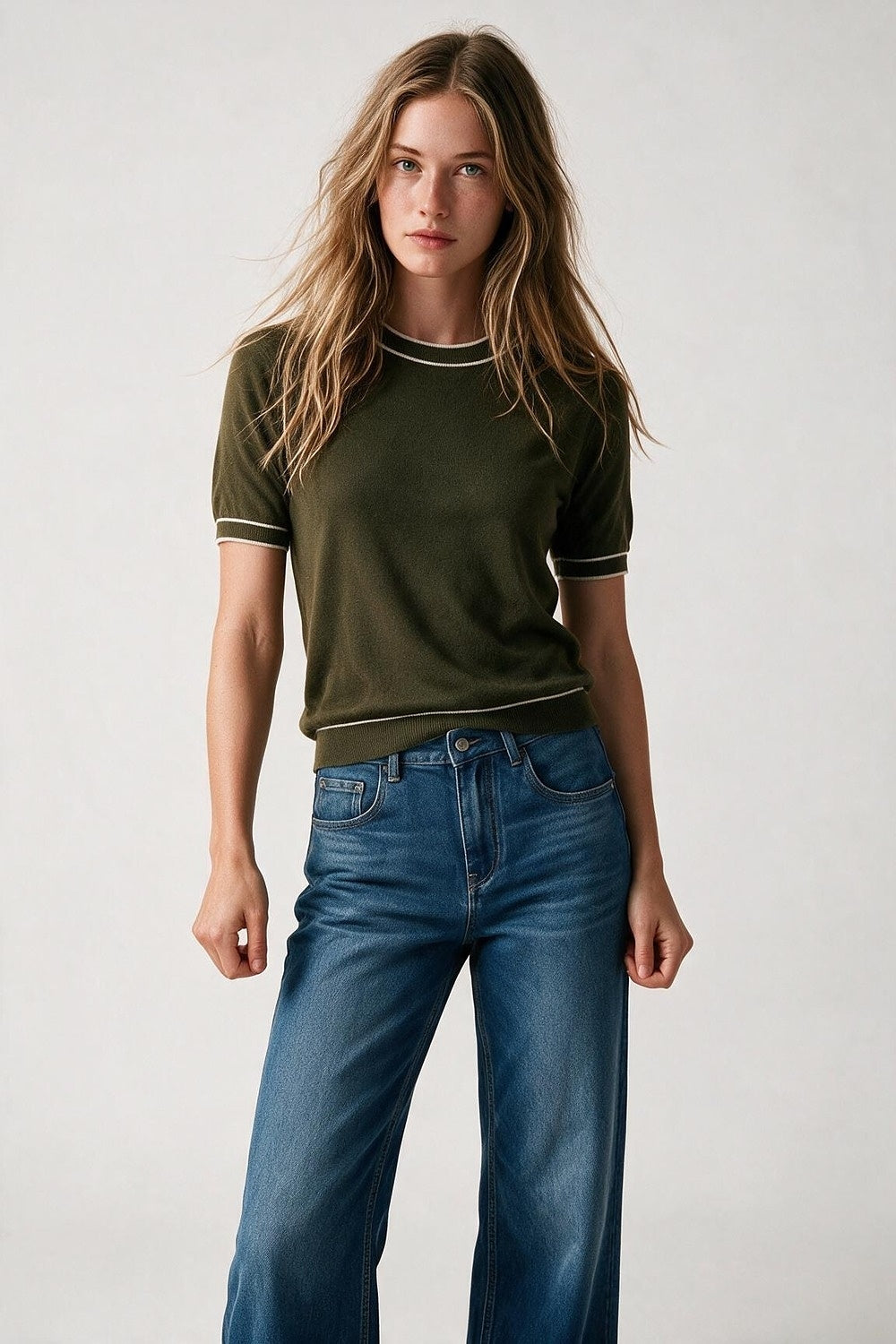 Olive Fine Knit Contrast Trim Crew Neck Short Sleeve sweater - Tops