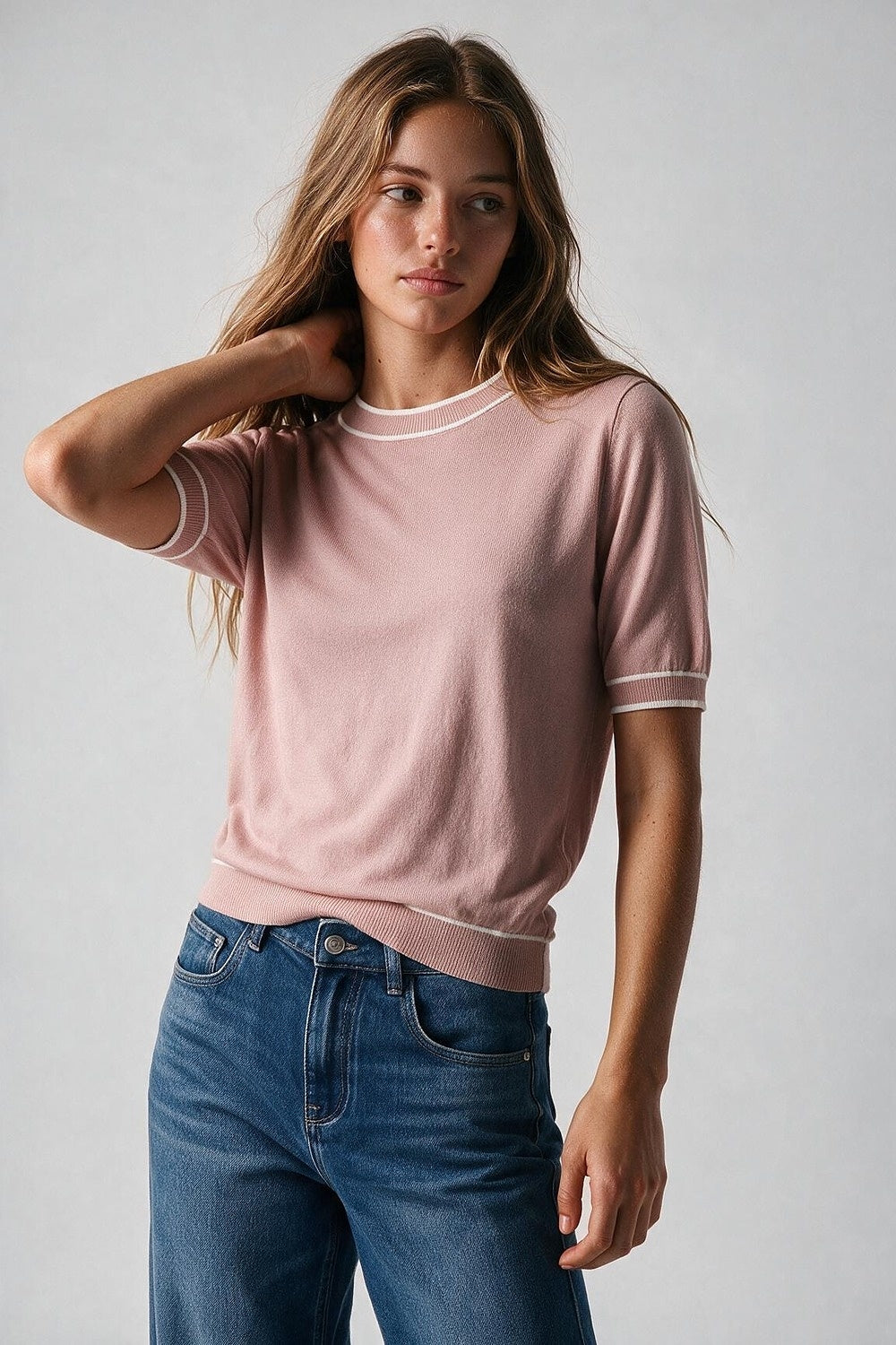 Light Pink Fine Knit Contrast Trim Crew Neck Short Sleeve sweater - Tops
