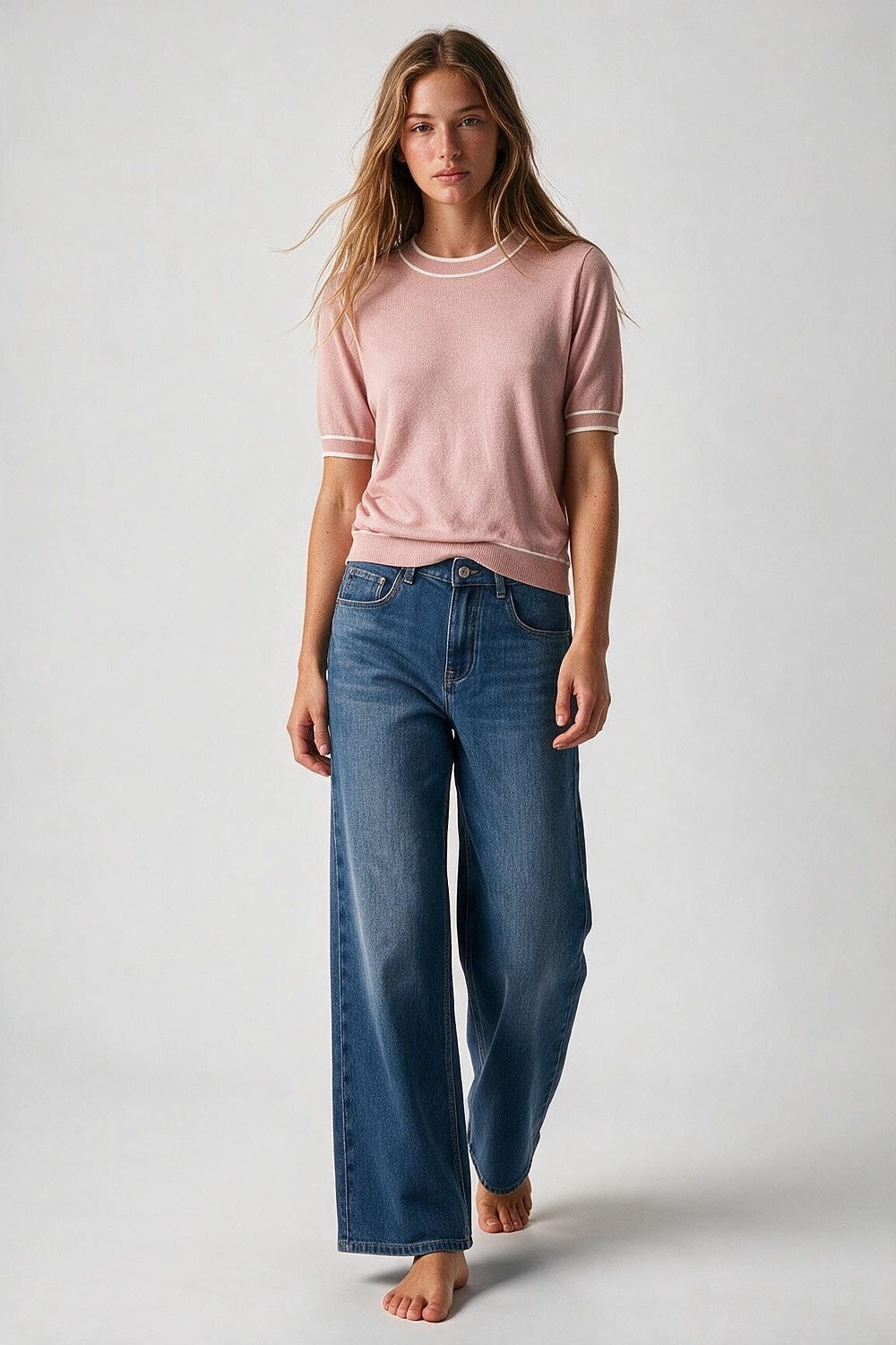 Light Pink Fine Knit Contrast Trim Crew Neck Short Sleeve sweater - Tops