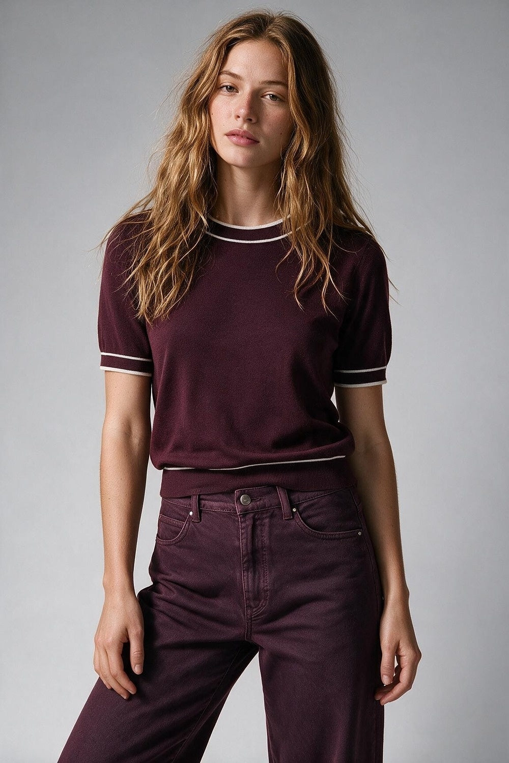 Burgundy Fine Knit Contrast Trim Crew Neck Short Sleeve sweater - Tops