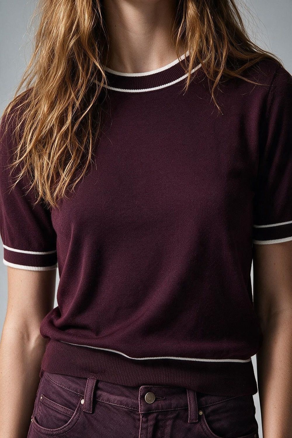 Burgundy Fine Knit Contrast Trim Crew Neck Short Sleeve sweater - Tops