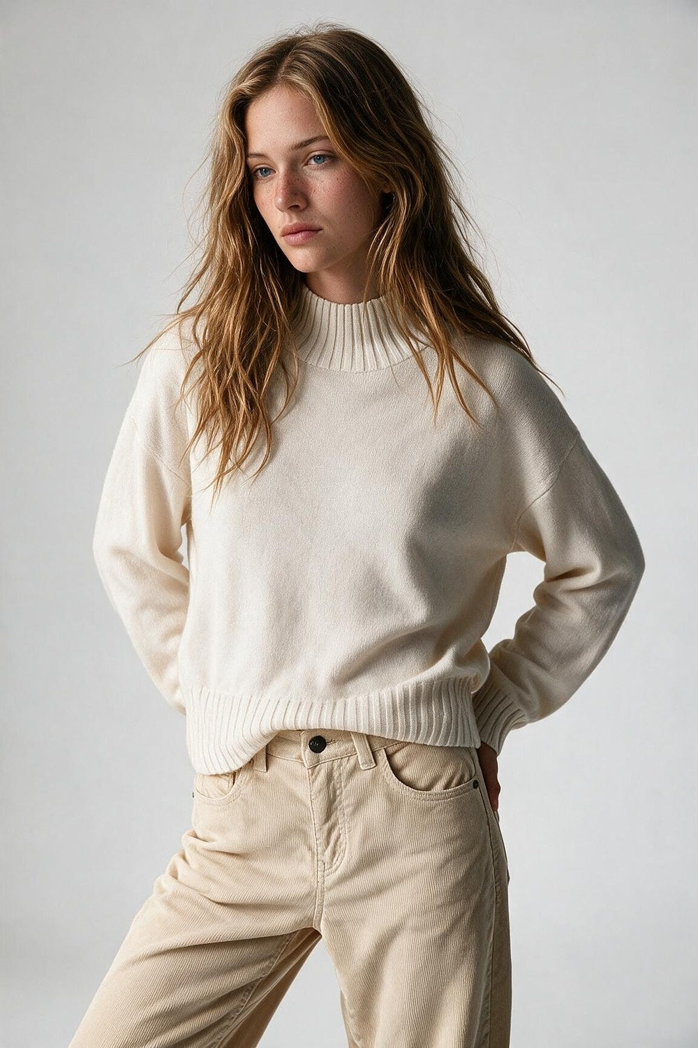 White soft Knit Ribbed Mock Neck Relaxed Fit Sweater - Jumpers
