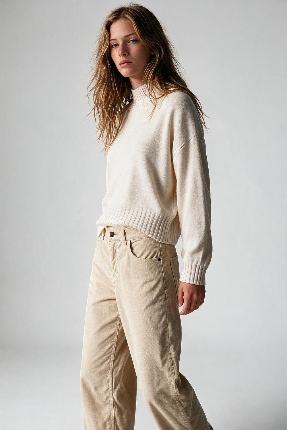 White soft Knit Ribbed Mock Neck Relaxed Fit Sweater - Jumpers