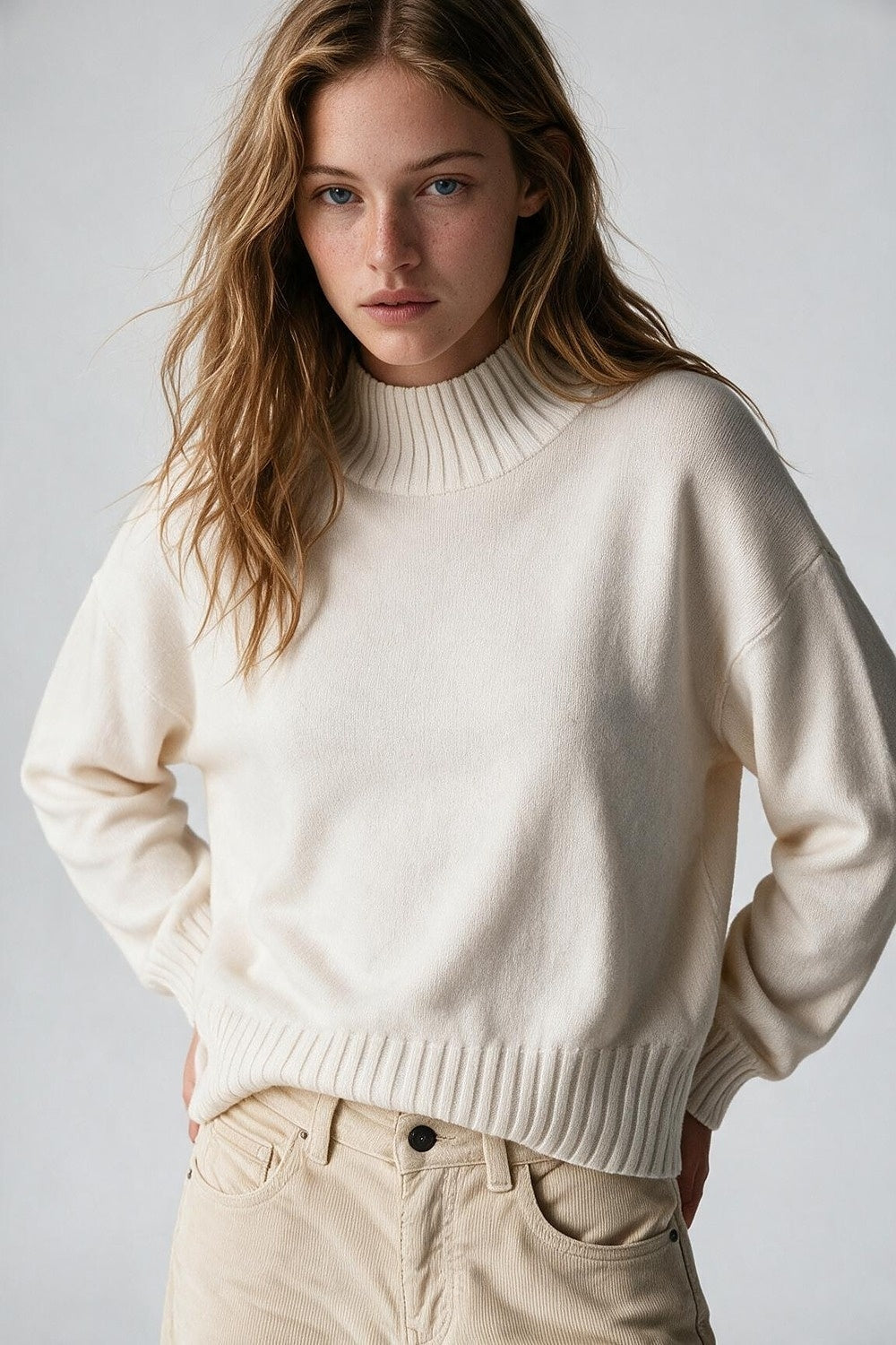 White soft Knit Ribbed Mock Neck Relaxed Fit Sweater - Jumpers