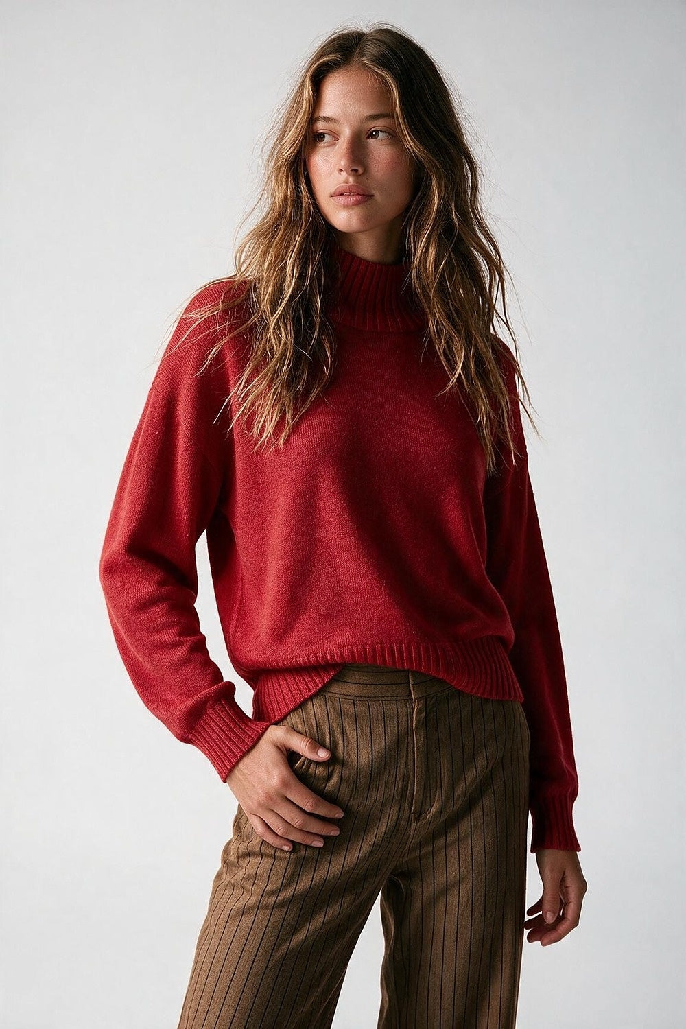Red soft Ribbed Knit High Collar Long Sleeve Sweater