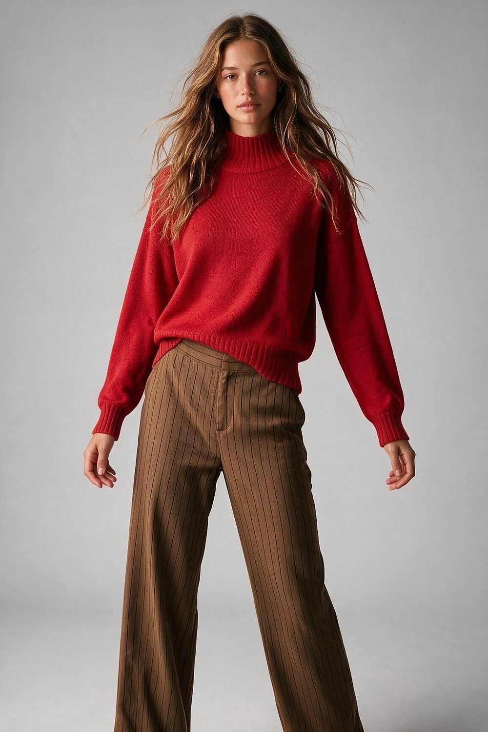 Red soft Ribbed Knit High Collar Long Sleeve Sweater - Jumpers