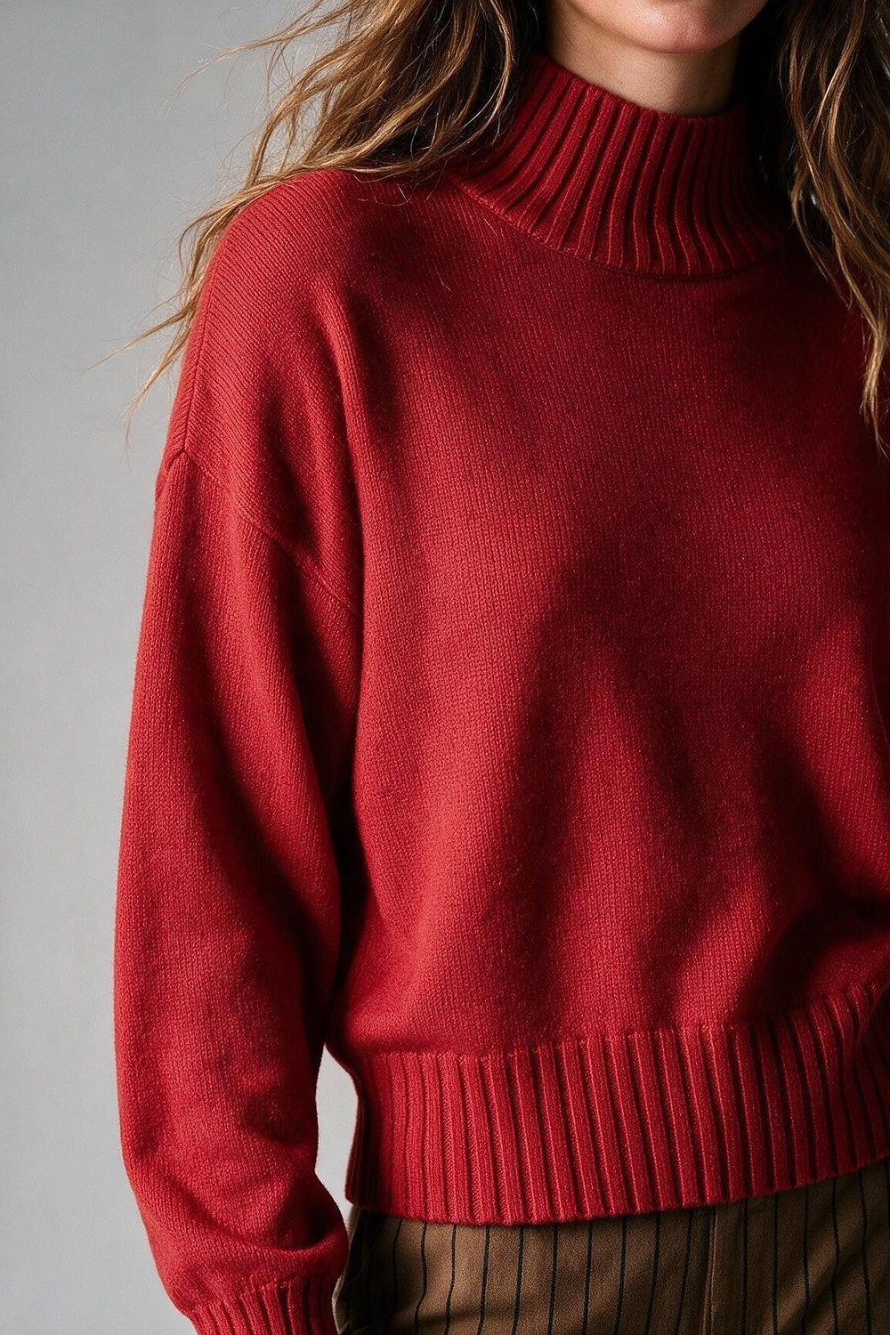 Red soft Ribbed Knit High Collar Long Sleeve Sweater - Jumpers