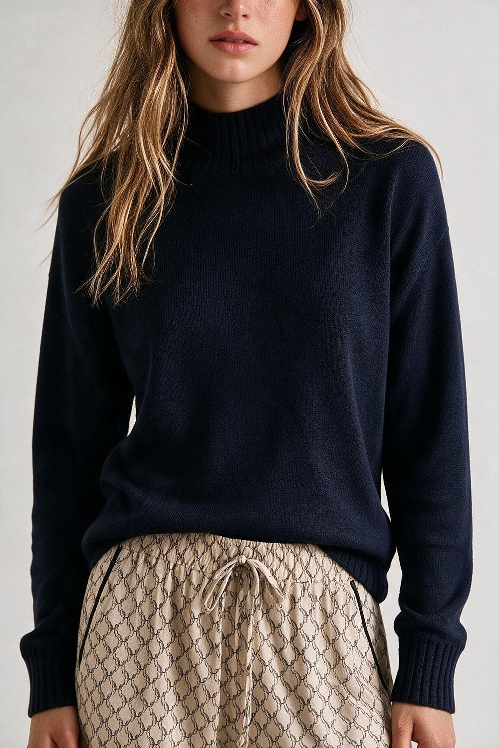 Navy chunky Knit Ribbed High Collar Long Sleeve Sweater - Jumpers