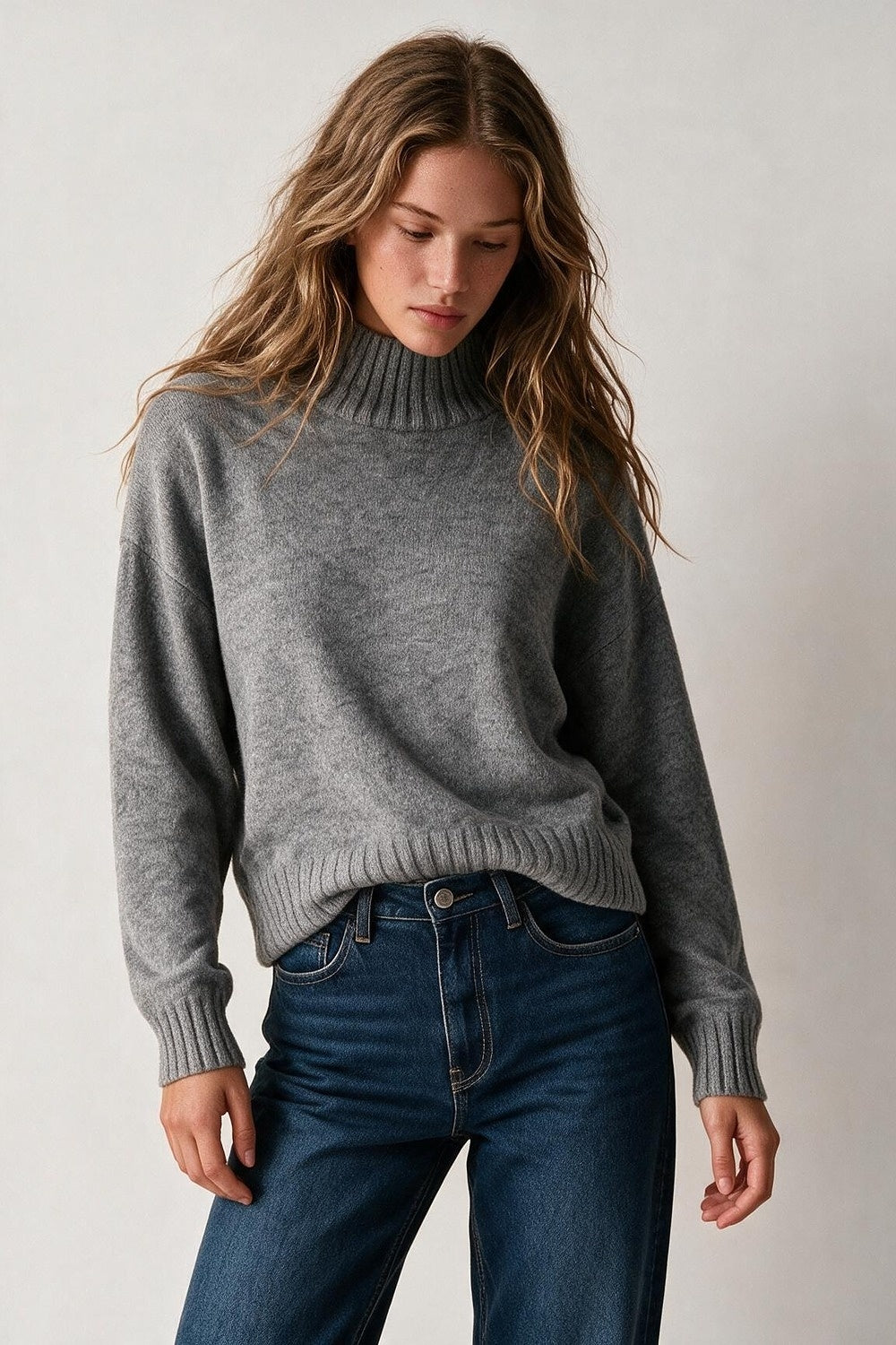 Grey chunky Knit Ribbed Trim High Collar Sweater - Jumpers