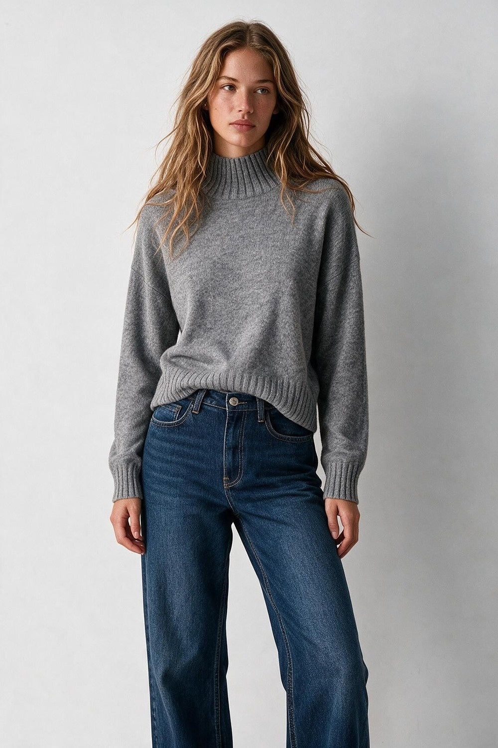 Grey chunky Knit Ribbed Trim High Collar Sweater - Jumpers
