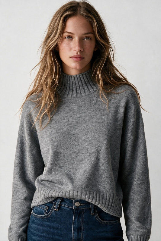 Grey chunky Knit Ribbed Trim High Collar Sweater - Jumpers