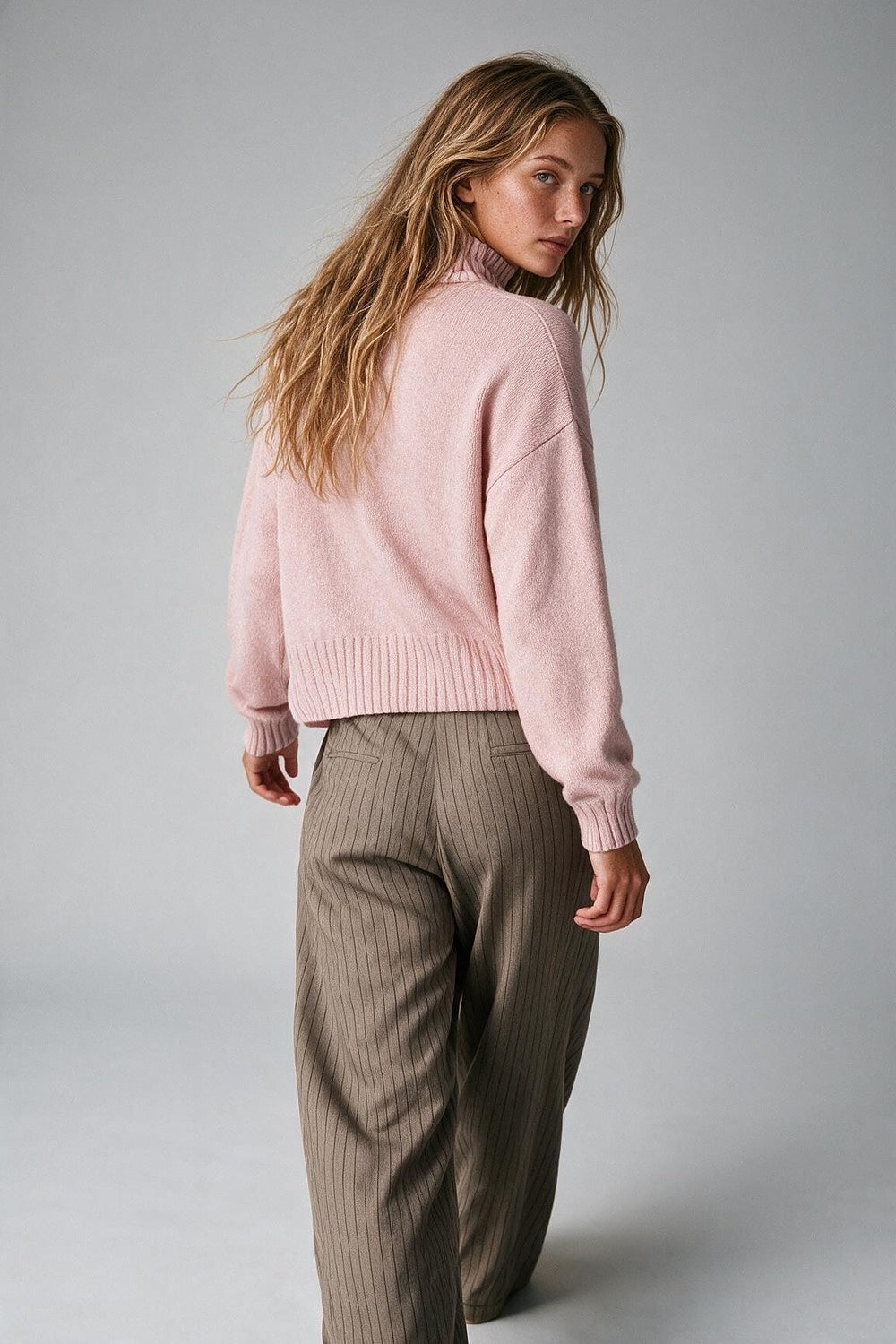 Pink warm Knit Ribbed Trim High Collar Relaxed Fit Sweater - Jumpers