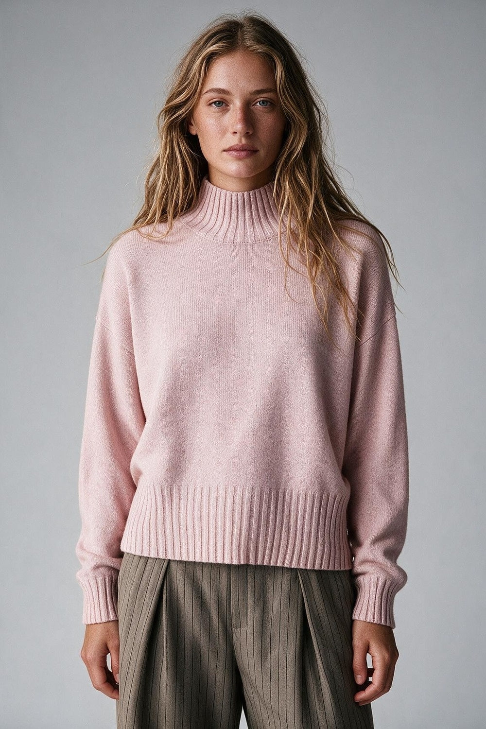 Pink warm Knit Ribbed Trim High Collar Relaxed Fit Sweater - Jumpers