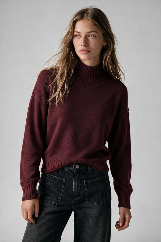 Burgundy warm Knit Ribbed High Collar Regular Fit Sweater - Jumpers