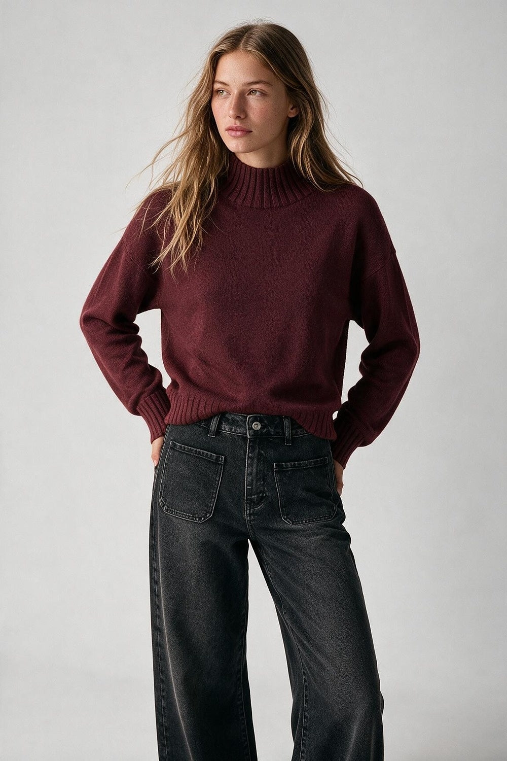 Burgundy warm Knit Ribbed High Collar Regular Fit Sweater - Jumpers