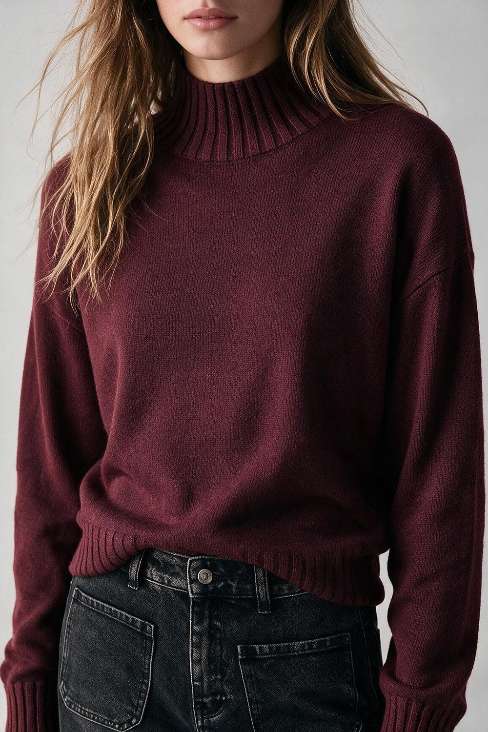 Burgundy warm Knit Ribbed High Collar Regular Fit Sweater - Jumpers