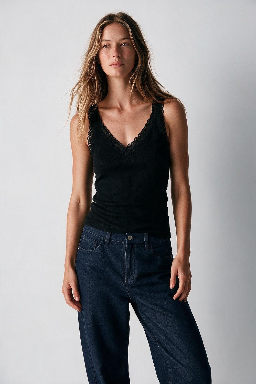 Black Ribbed Knit Lace Trim V-Neck Sleeveless Top - Tops