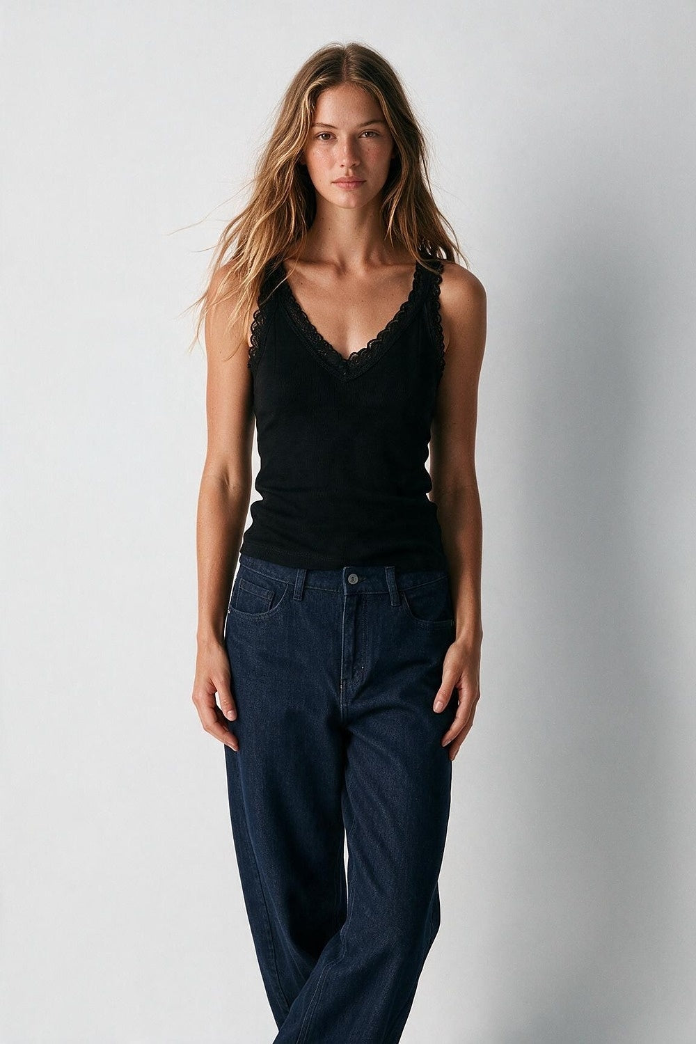 Black Ribbed Knit Lace Trim V-Neck Sleeveless Top - Tops